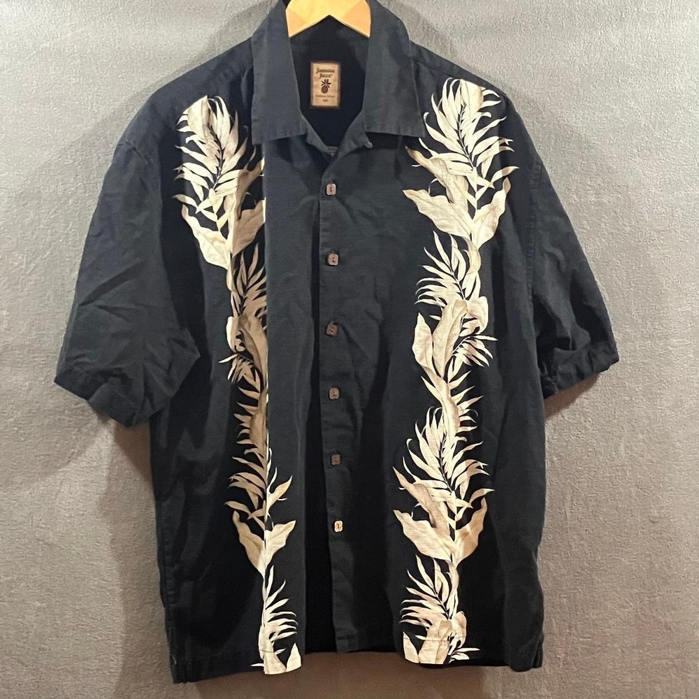 Jamaica Jaxx Camp Shirt 100% Silk Tropical Leaf Embroidered Resort Black Mens XL